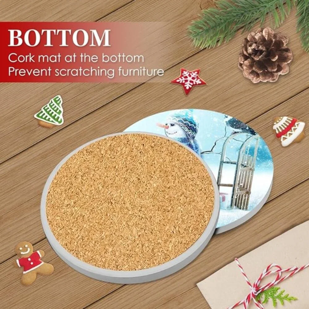 Stone Christmas Coaster, Set of 6, Happy Snowman Winter Landscape - Picture 3 of 7